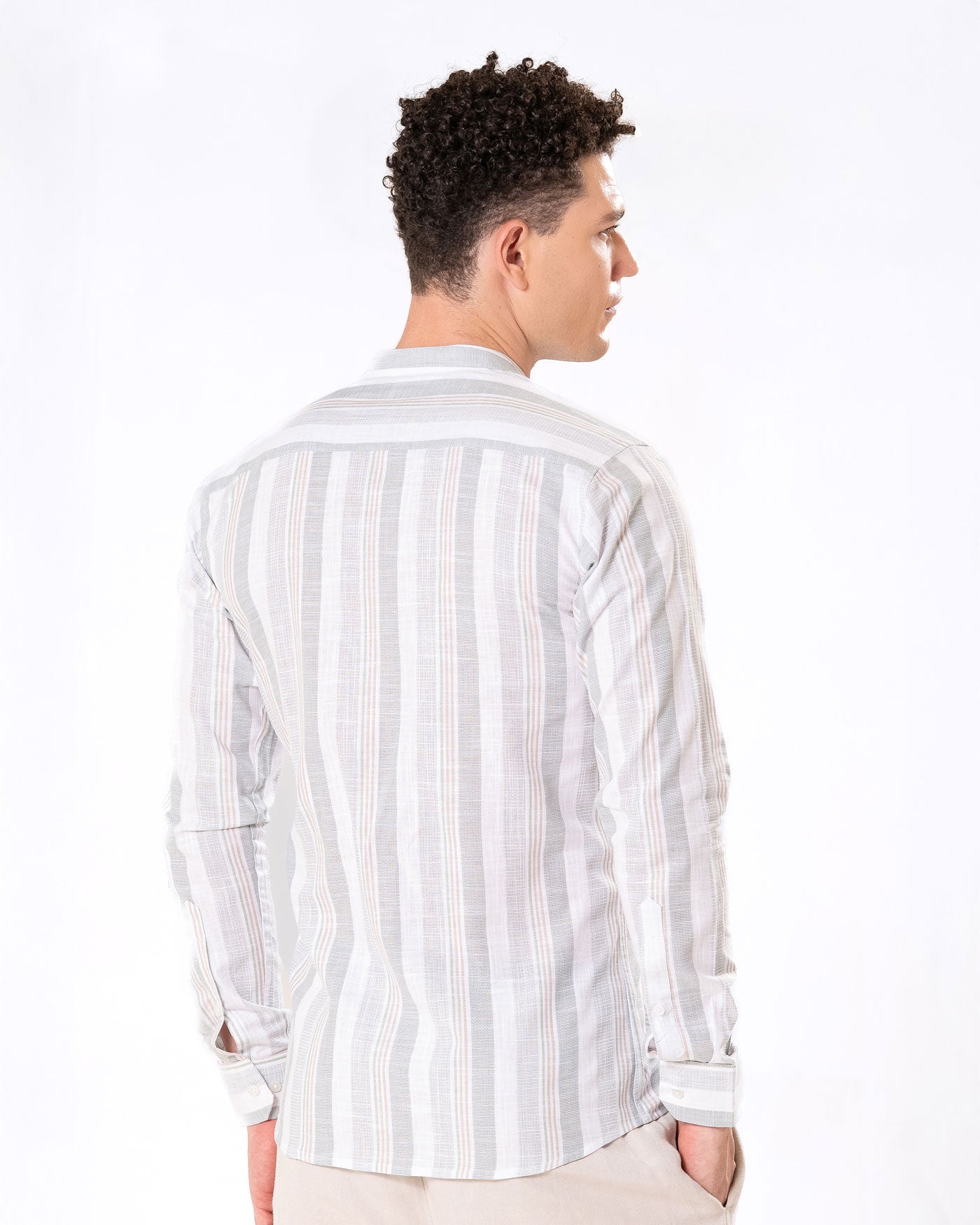 Clarion Green Linen Stripe Mandarin Shirt - Bullane