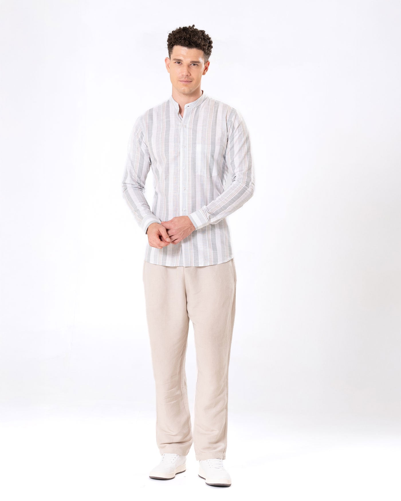 Clarion Green Linen Stripe Mandarin Shirt - Bullane