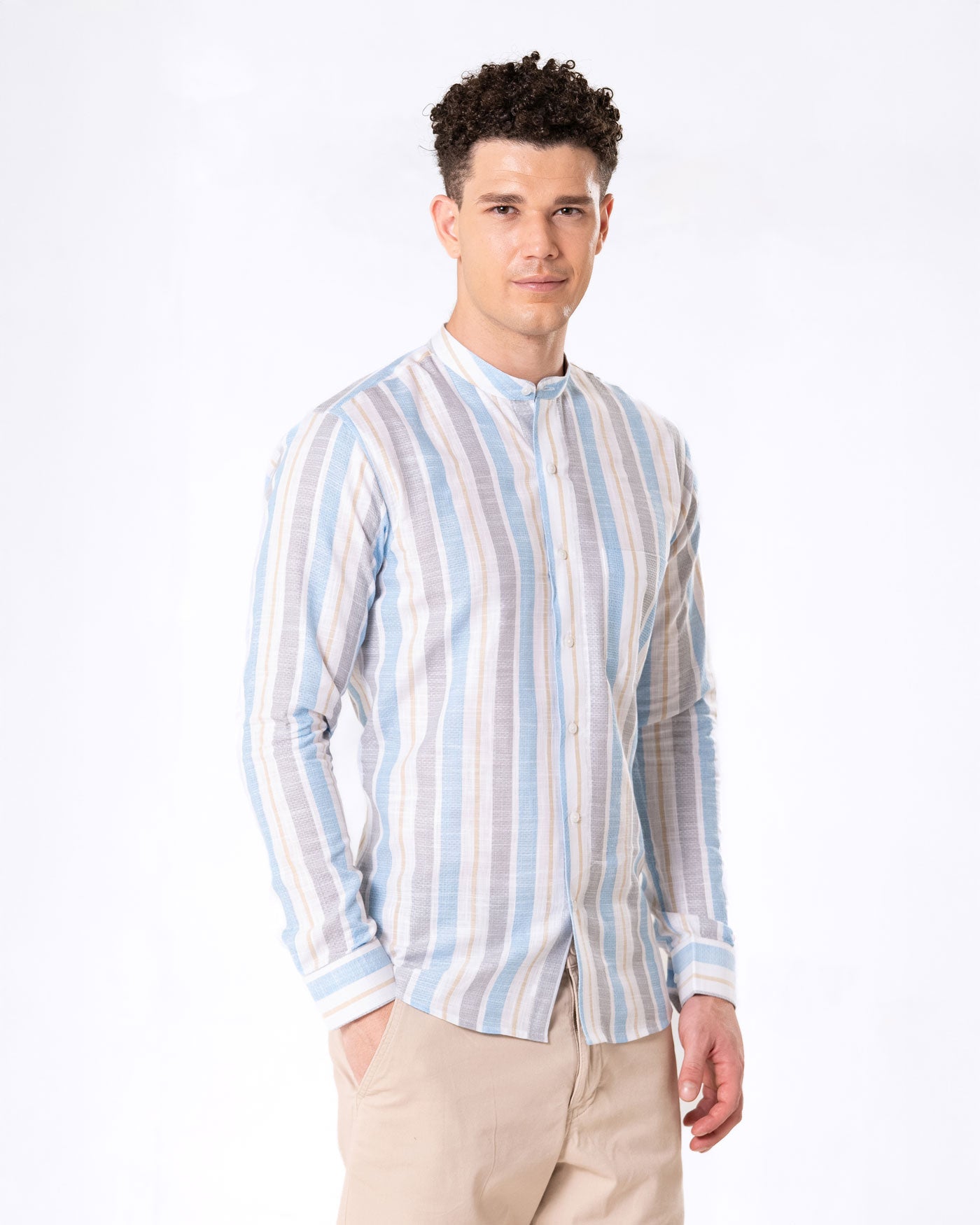 Clarion Blue And Grey Linen Stripe Mandarin Shirt - Bullane