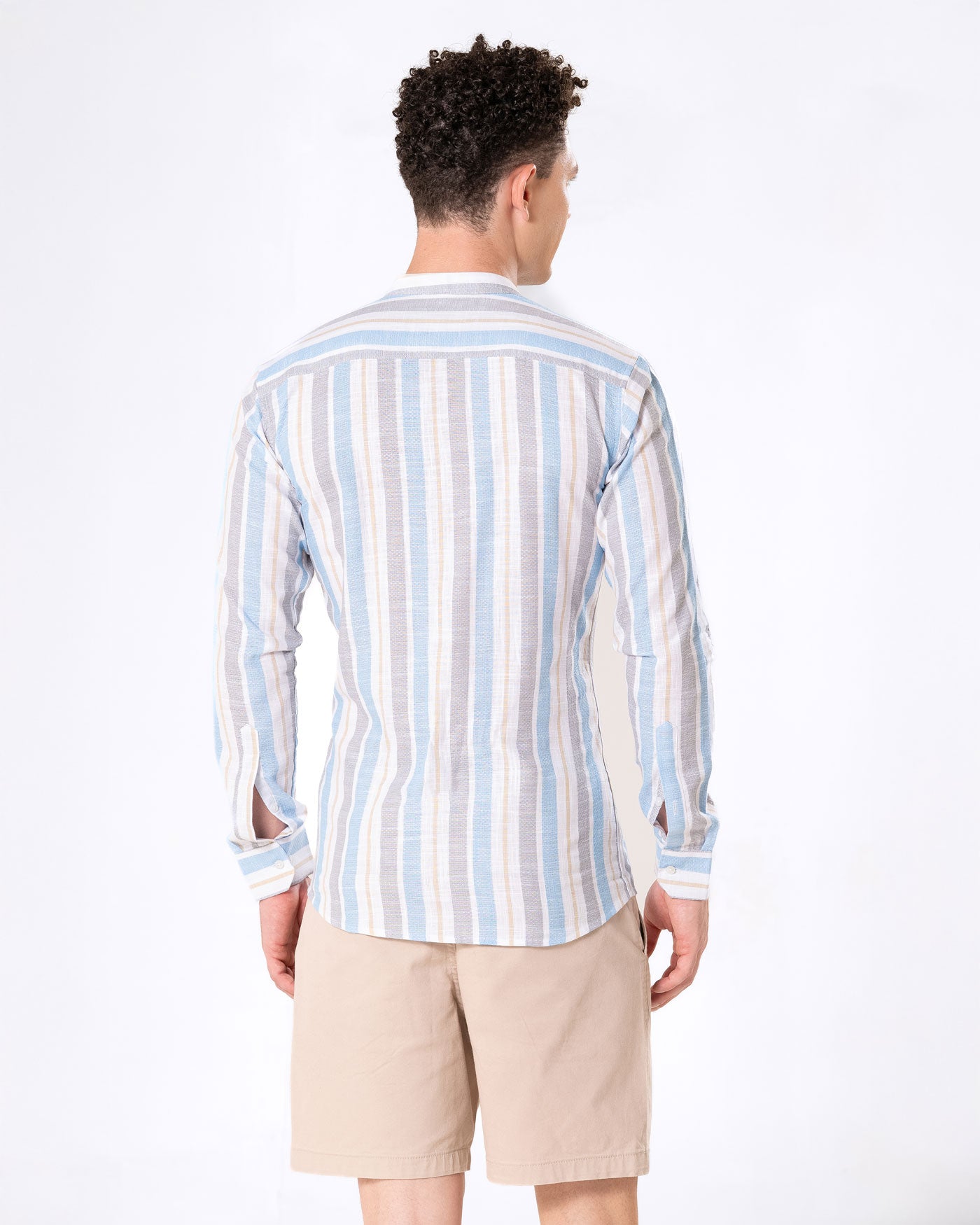 Clarion Blue And Grey Linen Stripe Mandarin Shirt - Bullane