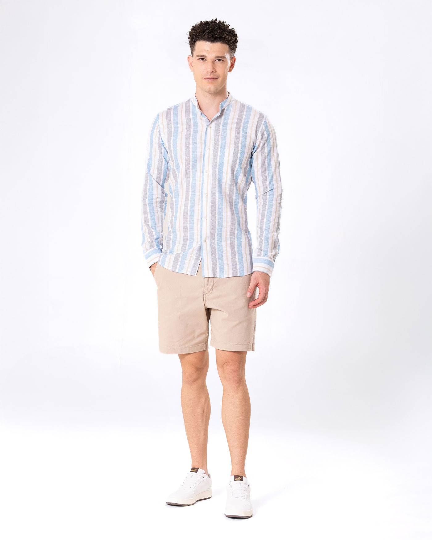Clarion Blue And Grey Linen Stripe Mandarin Shirt - Bullane