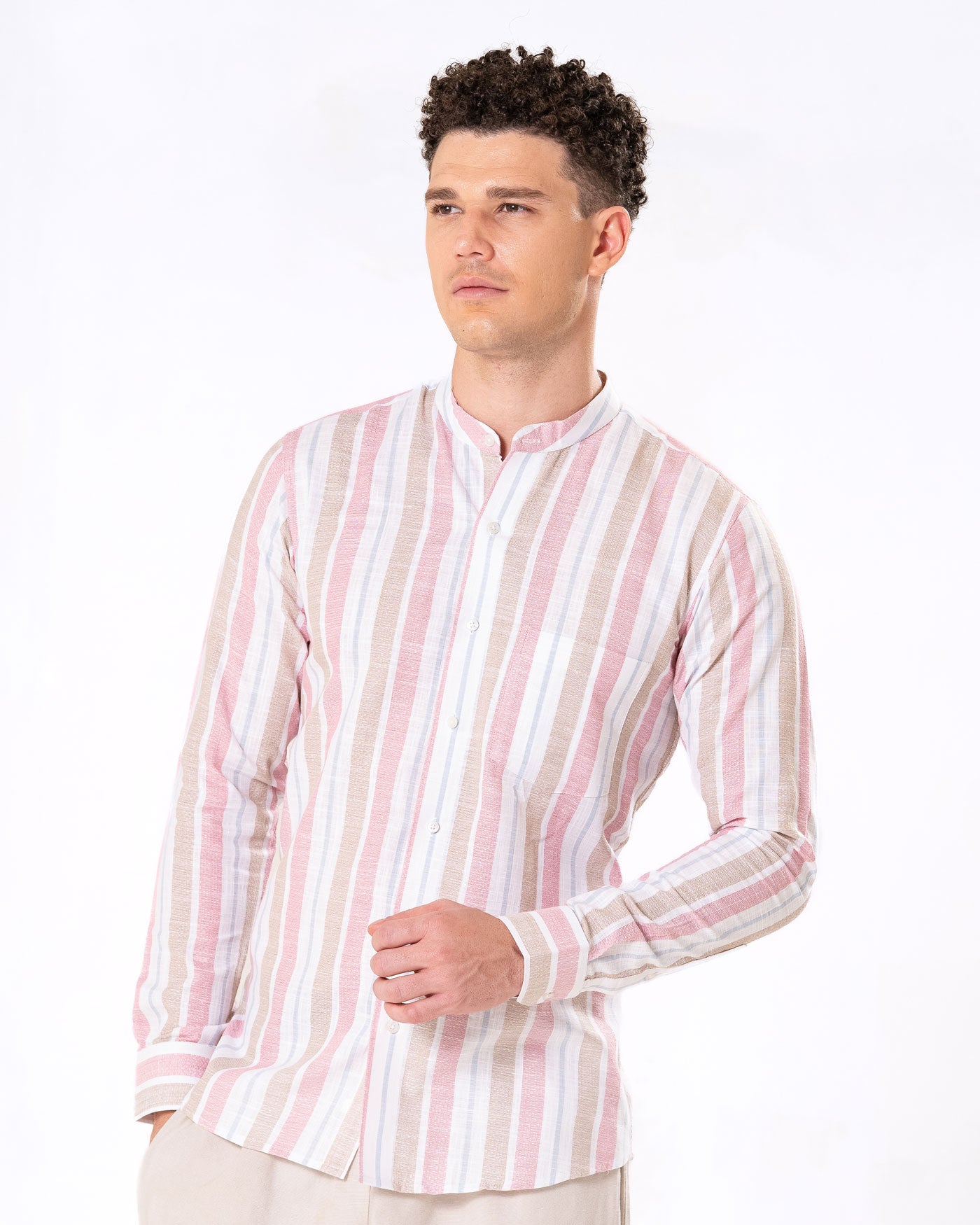 Clarion Pink And Brown Linen Stripe Mandarin Shirt - Bullane