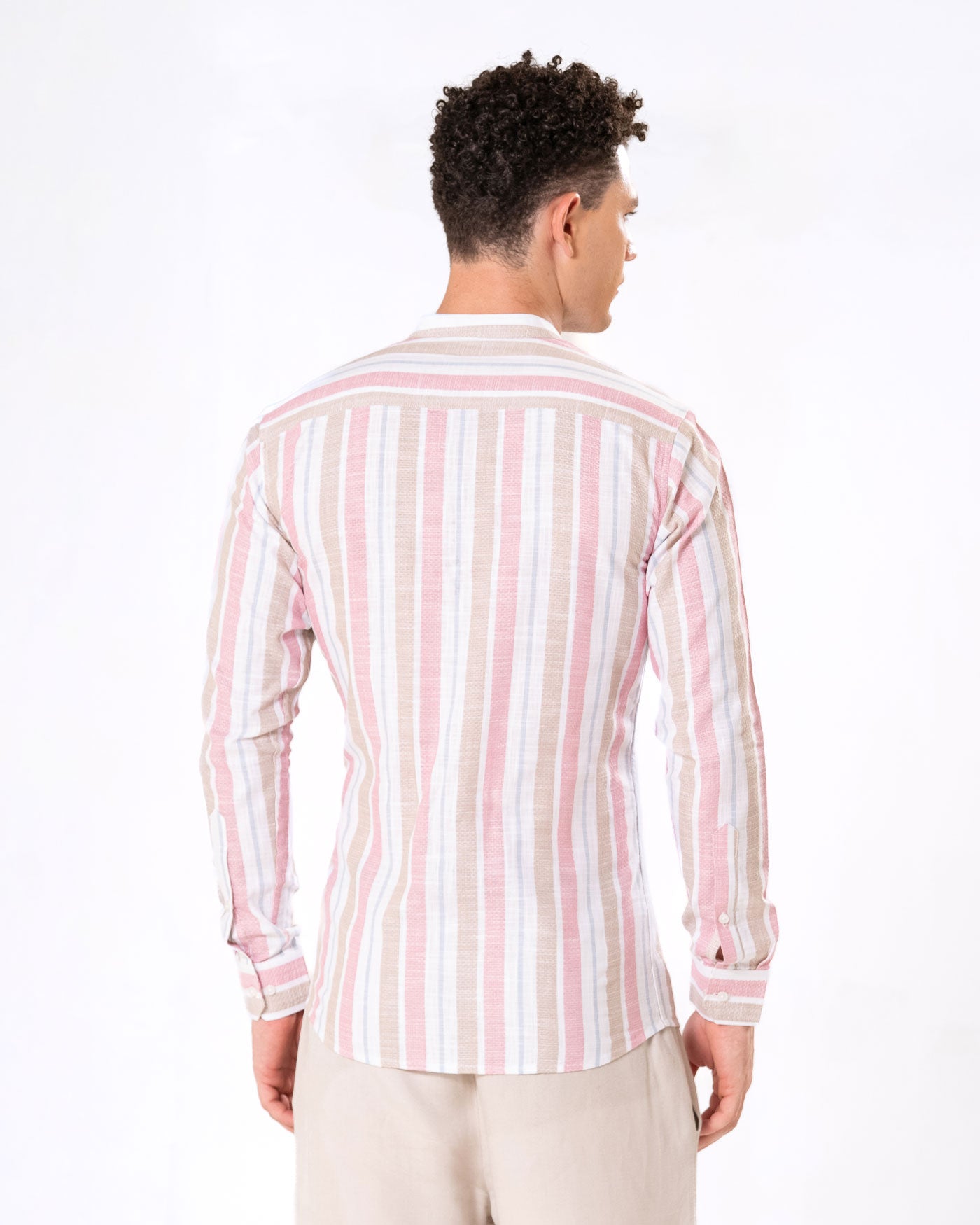 Clarion Pink And Brown Linen Stripe Mandarin Shirt - Bullane