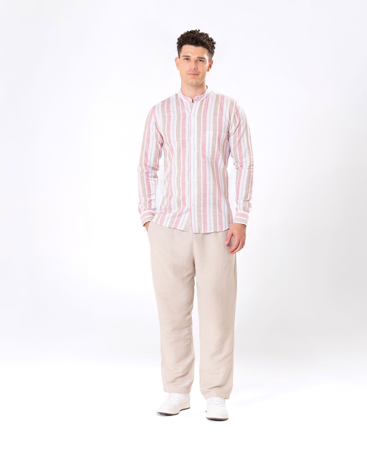 Clarion Pink And Brown Linen Stripe Mandarin Shirt - Bullane