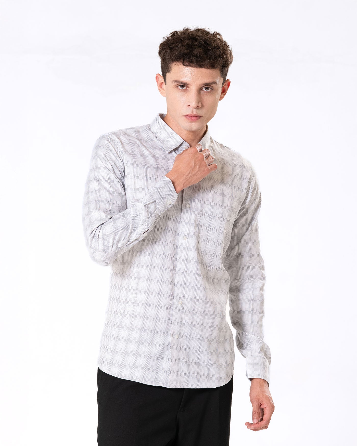 Amster Silver Cotton Geometric Print Shirt - Bullane
