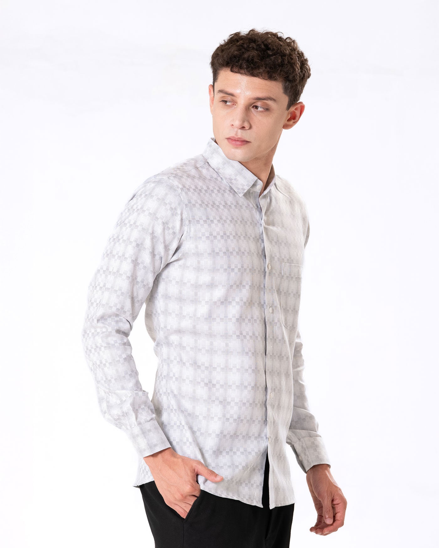 Amster Silver Cotton Geometric Print Shirt - Bullane