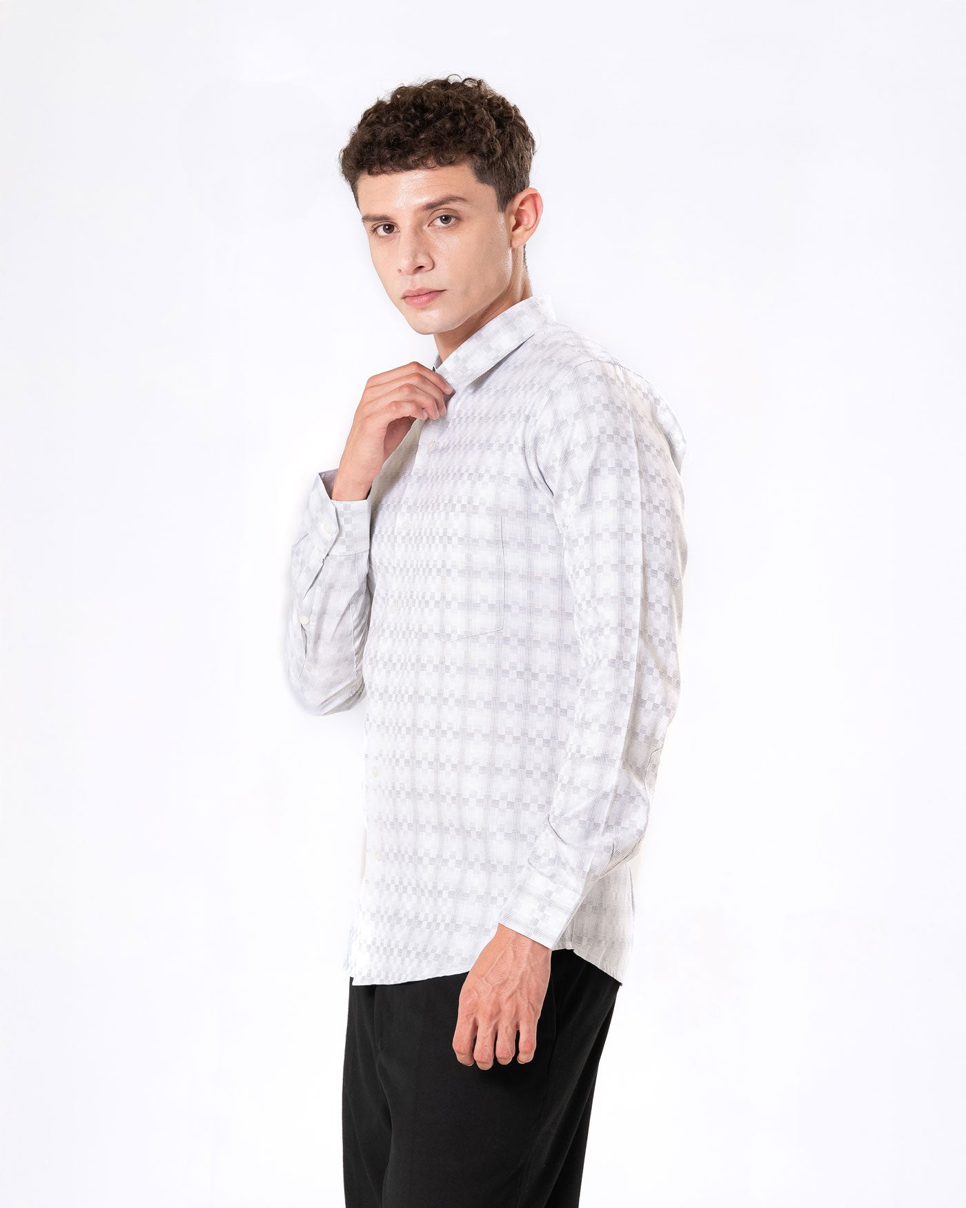 Amster Silver Cotton Geometric Print Shirt - Bullane