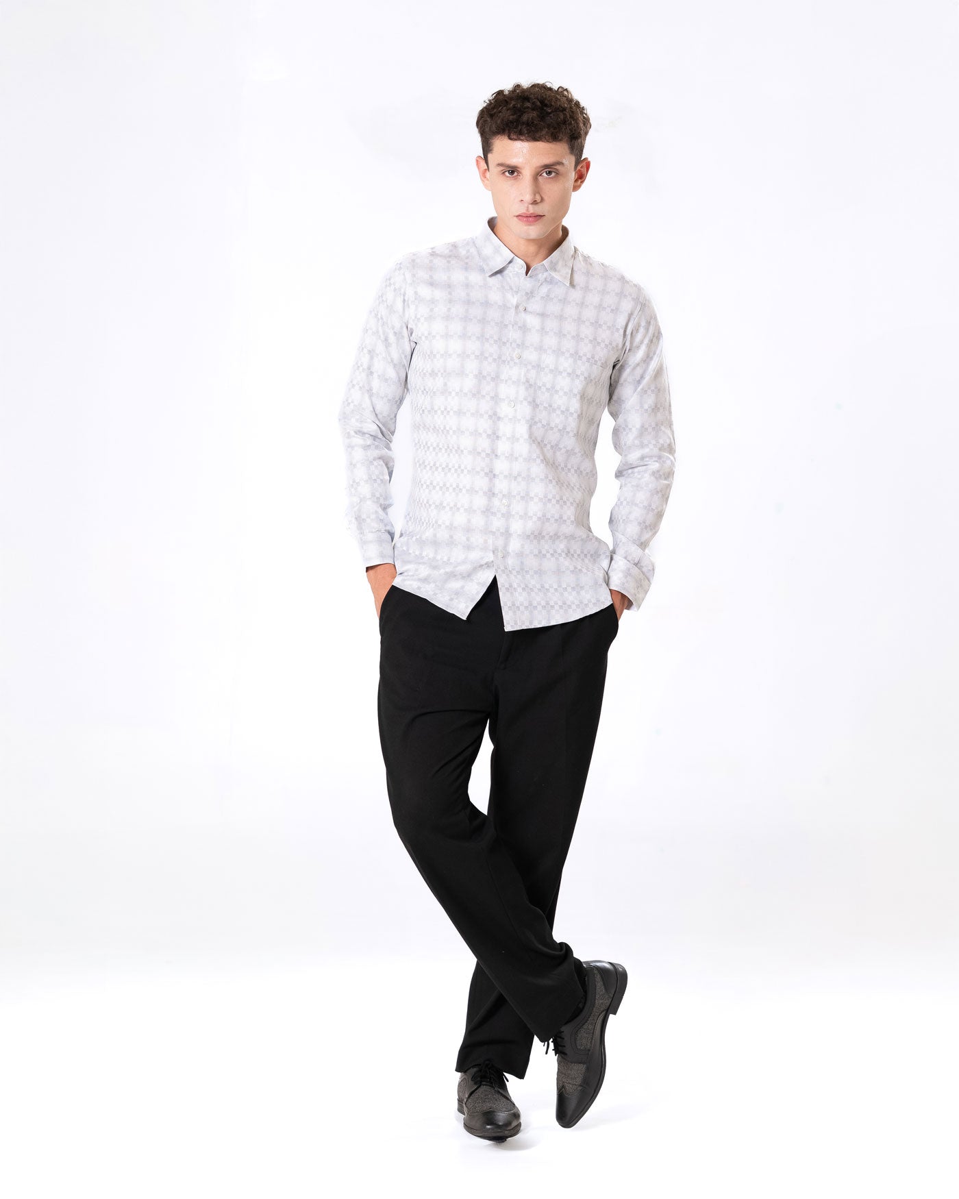 Amster Silver Cotton Geometric Print Shirt - Bullane