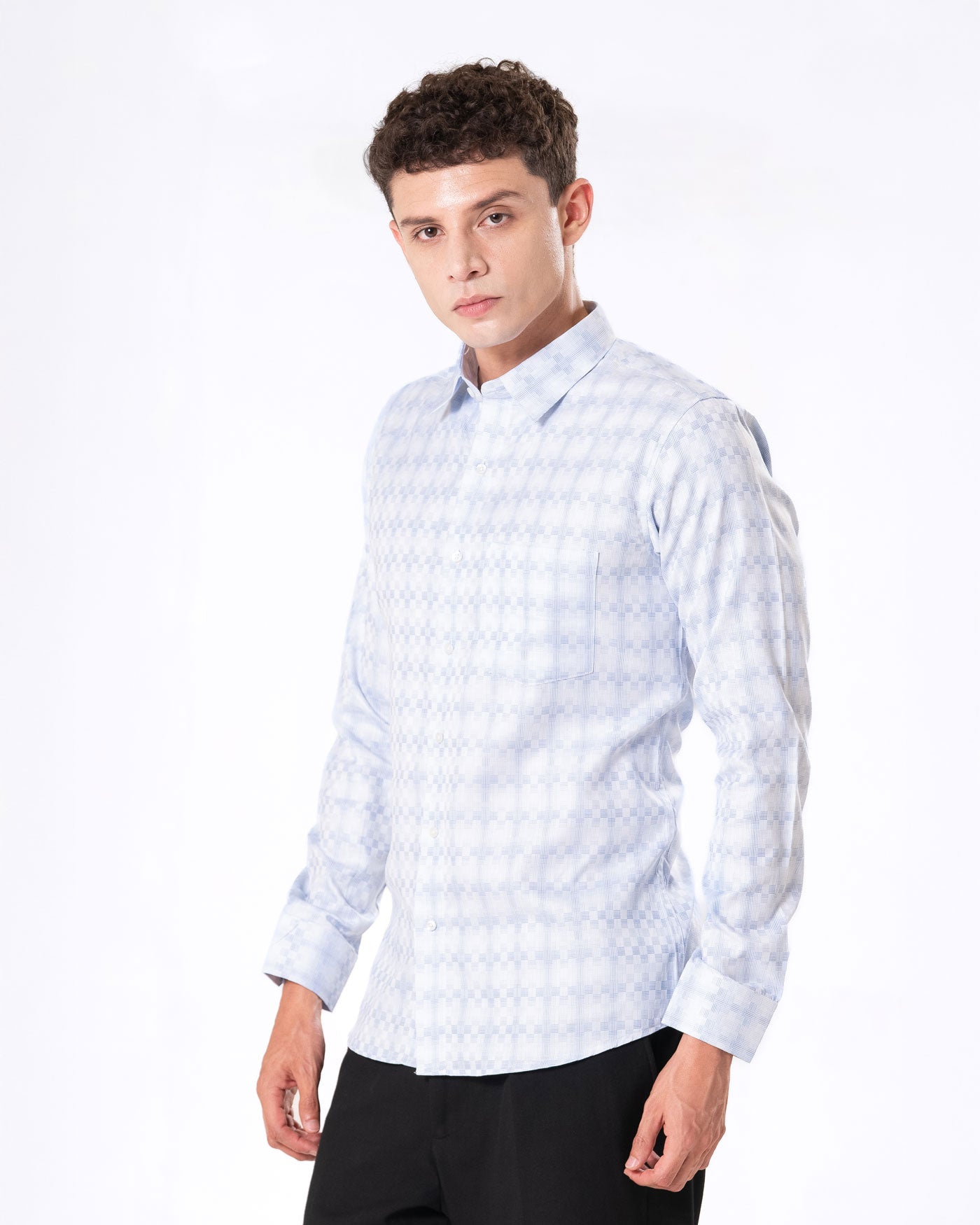 Amster Blue Cotton Geometric Print Shirt - Bullane