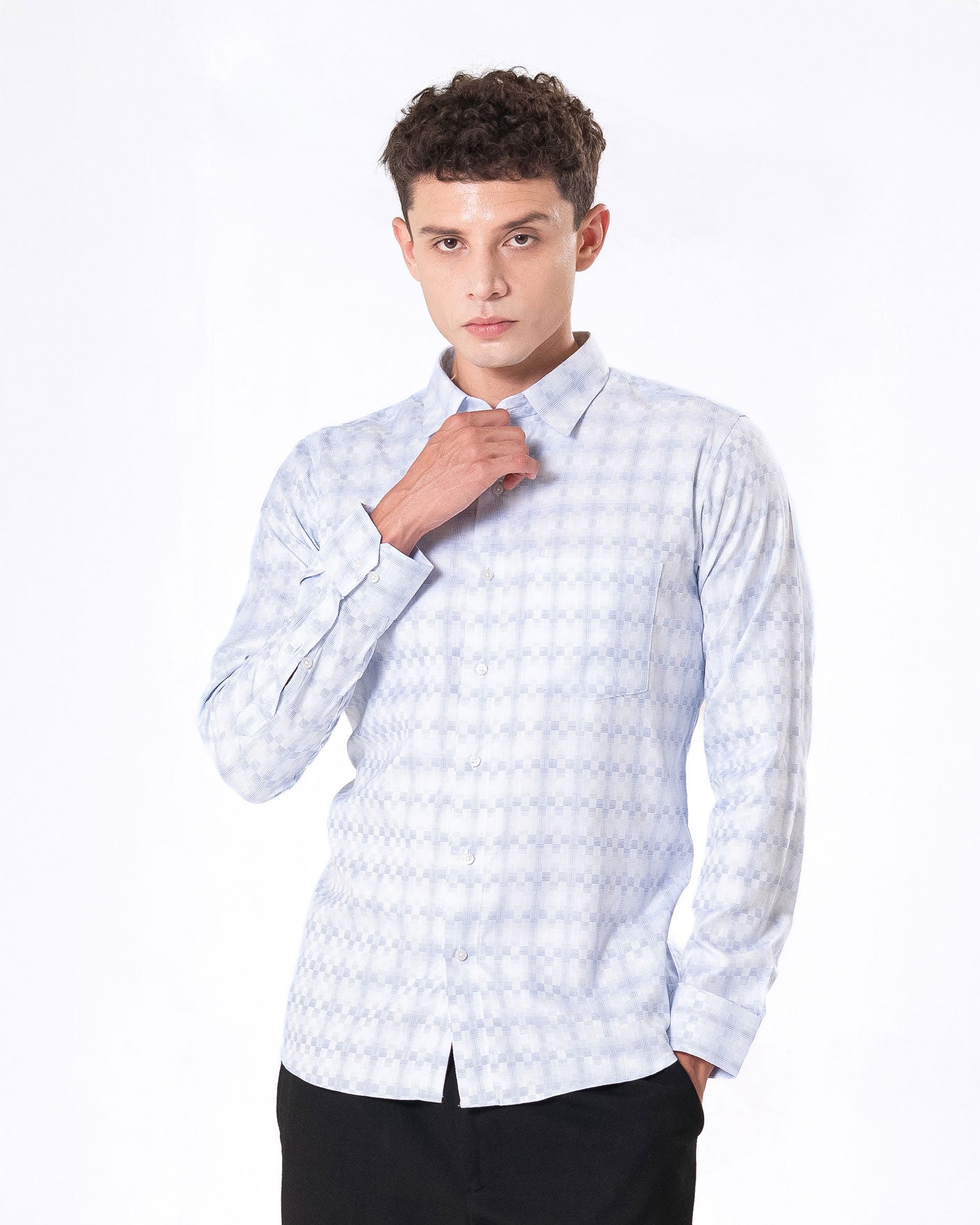 Amster Blue Cotton Geometric Print Shirt - Bullane