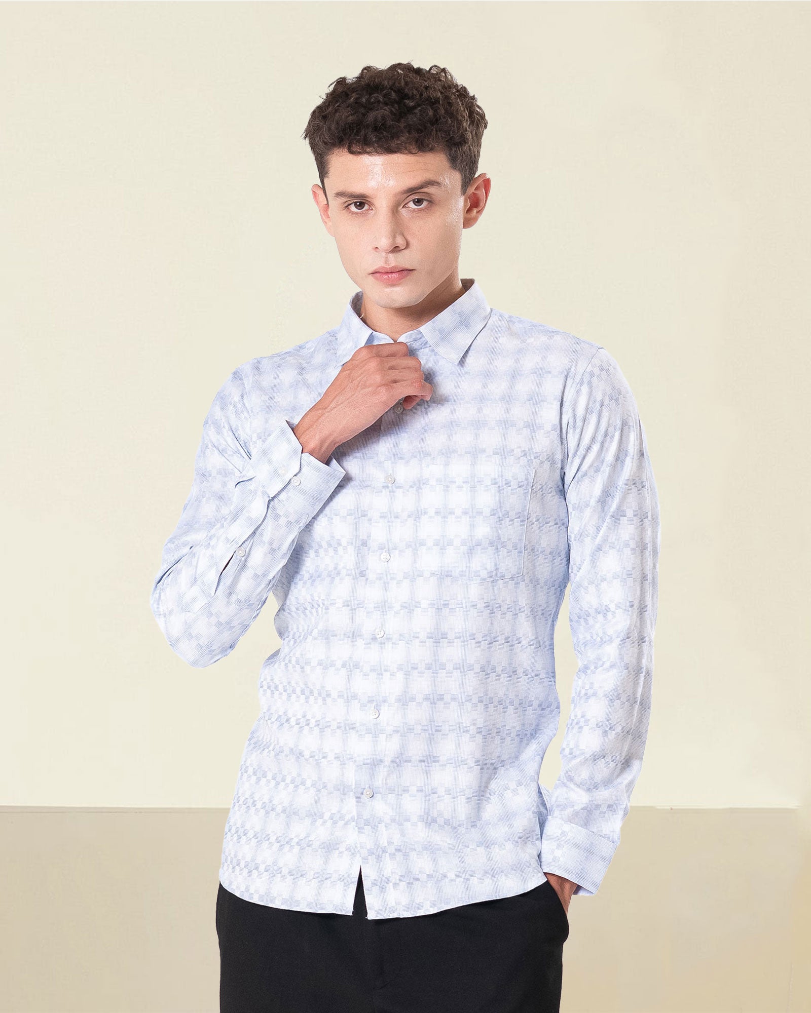 Amster Blue Cotton Geometric Print Shirt