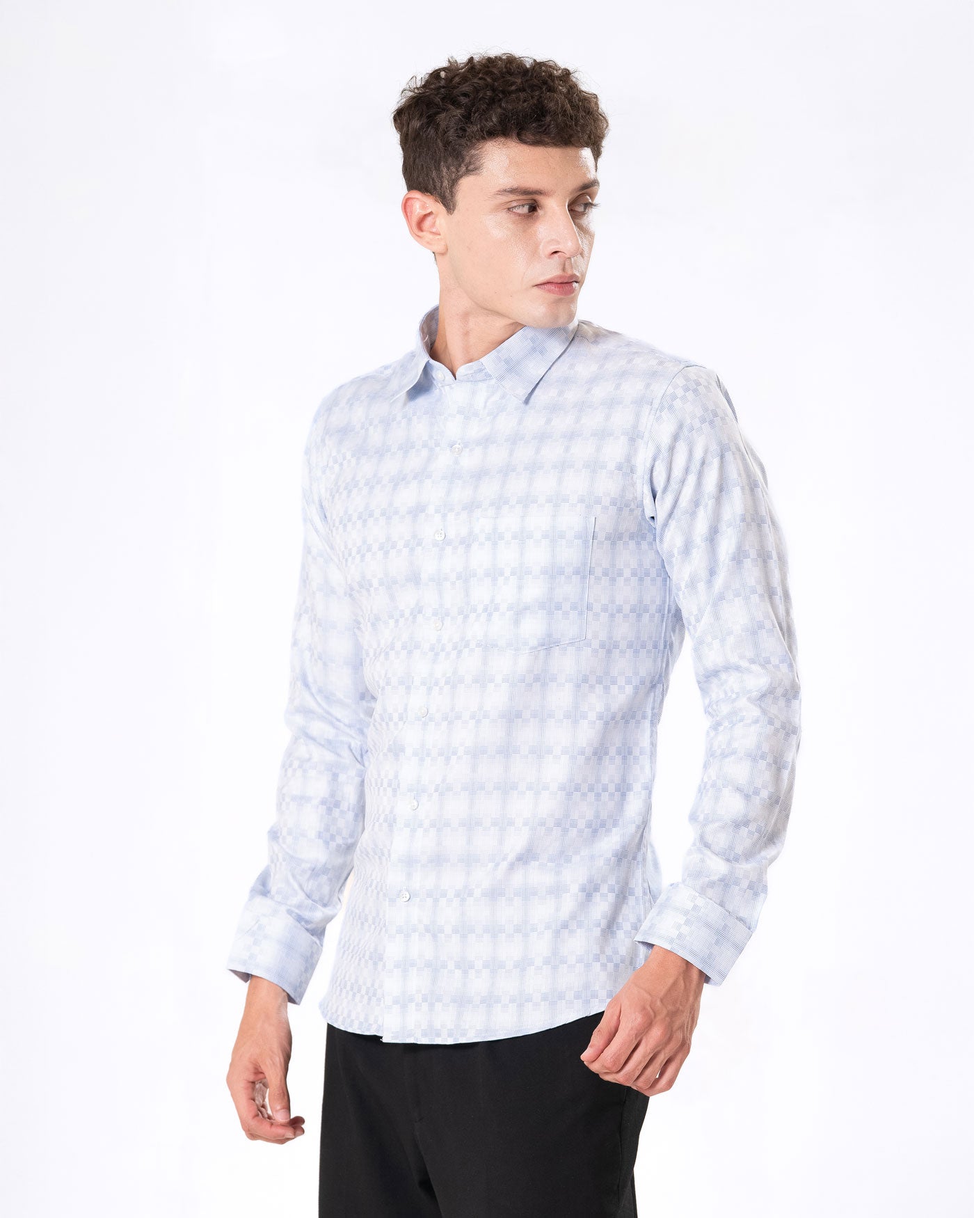 Amster Blue Cotton Geometric Print Shirt - Bullane