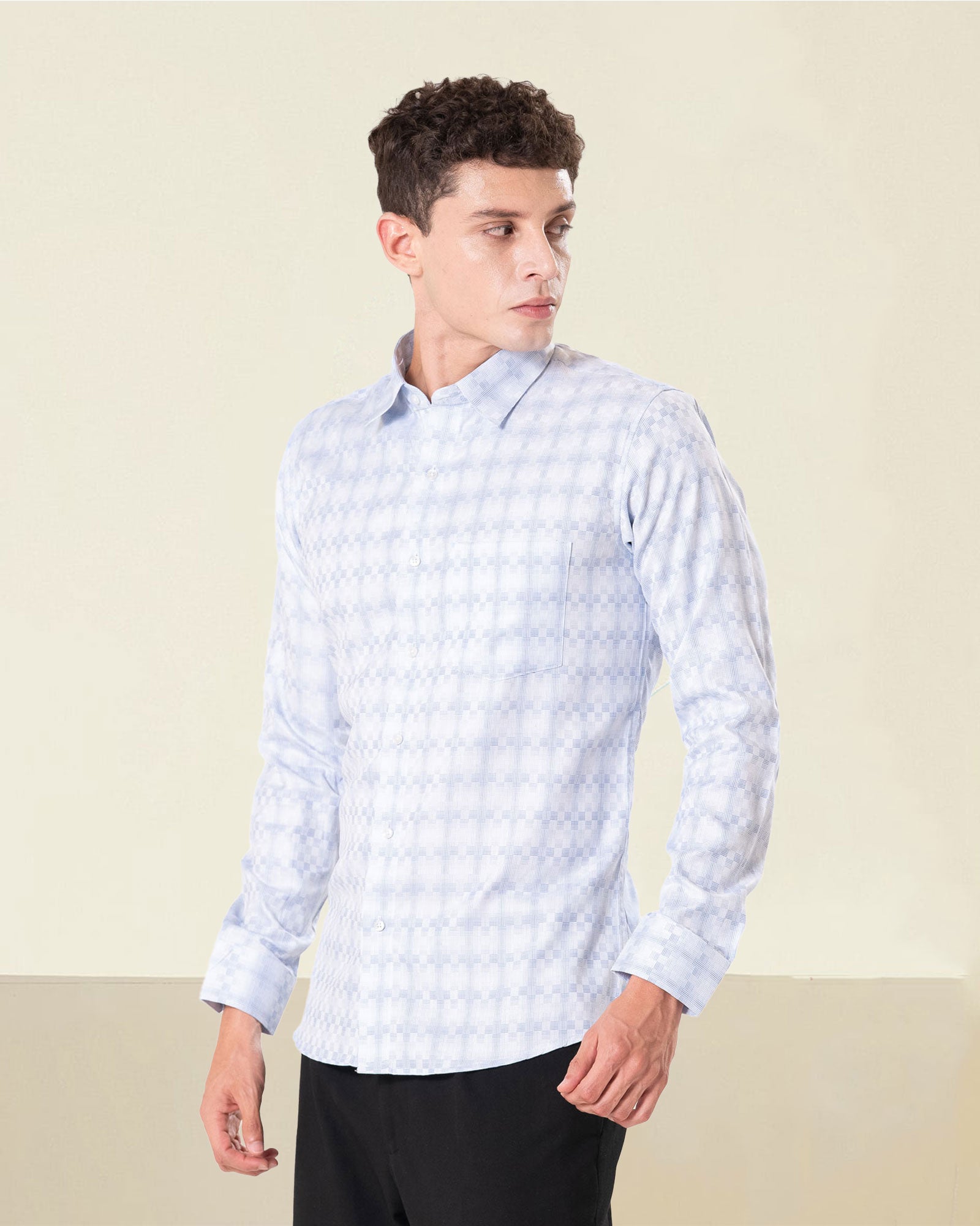 Amster Blue Cotton Geometric Print Shirt
