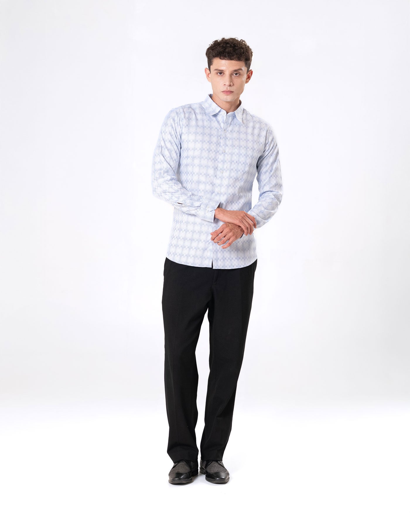 Amster Blue Cotton Geometric Print Shirt - Bullane