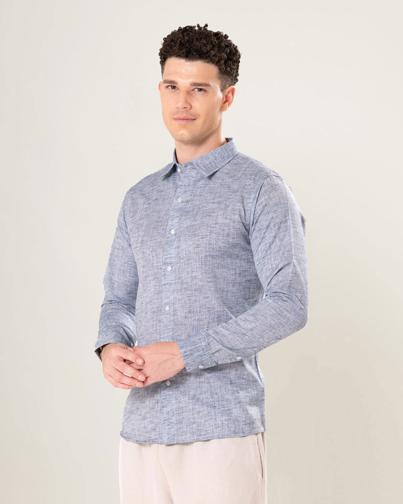 Neutonss Navy Blue Linen Plain Shirt