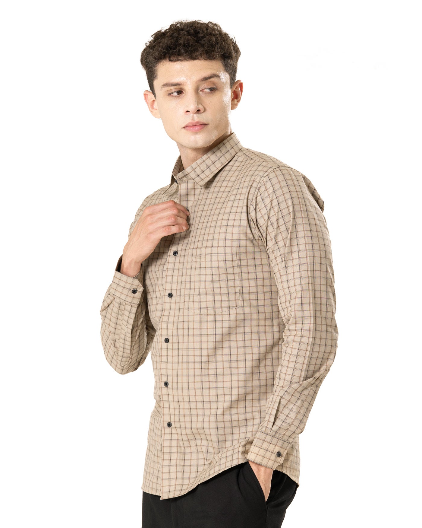 Senza Beige Cotton Checks Shirt - Bullane