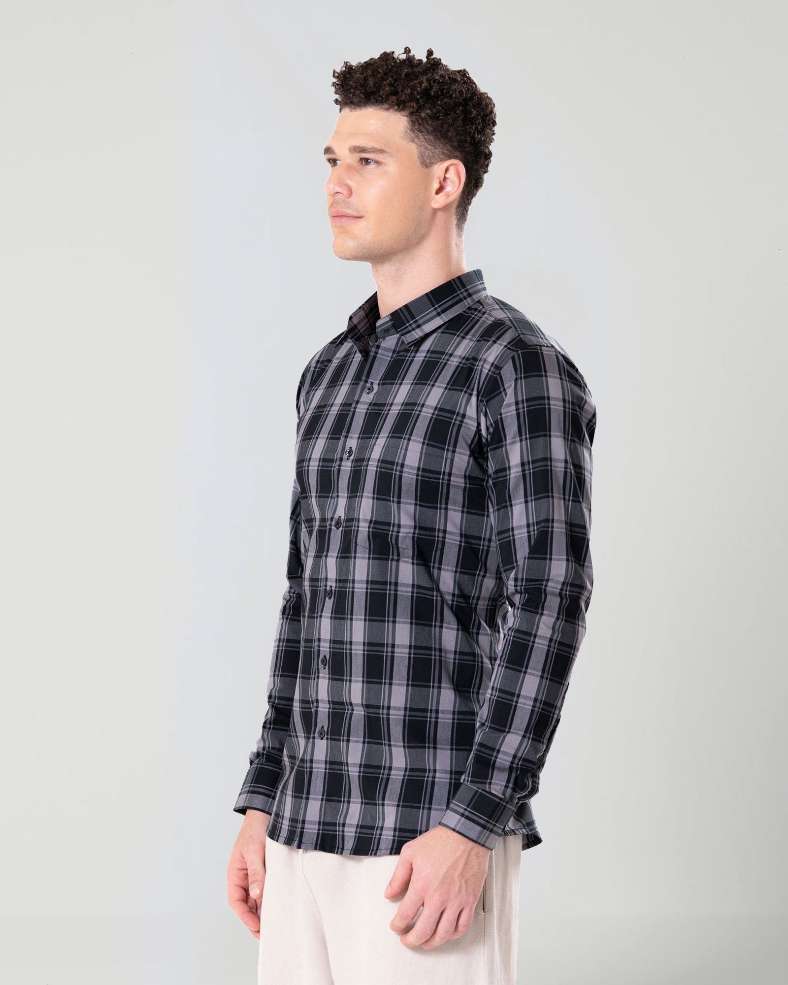 Senza Black With Grey Cotton Checks Shirt