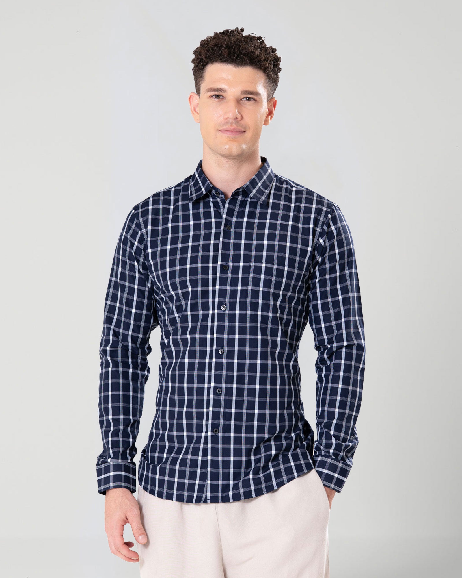 Senza Navy Blue Cotton Checks Shirt