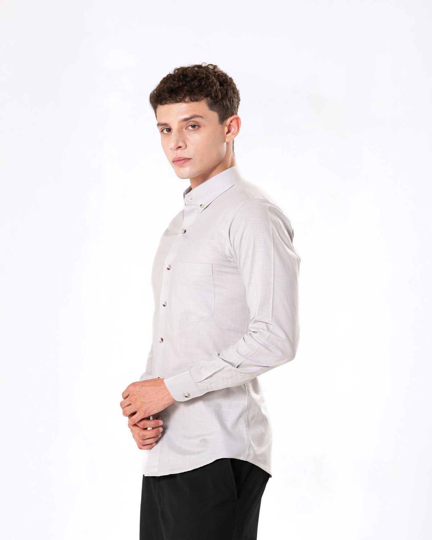 Poist Silver Linen Plain Button Down Shirt- Bullane