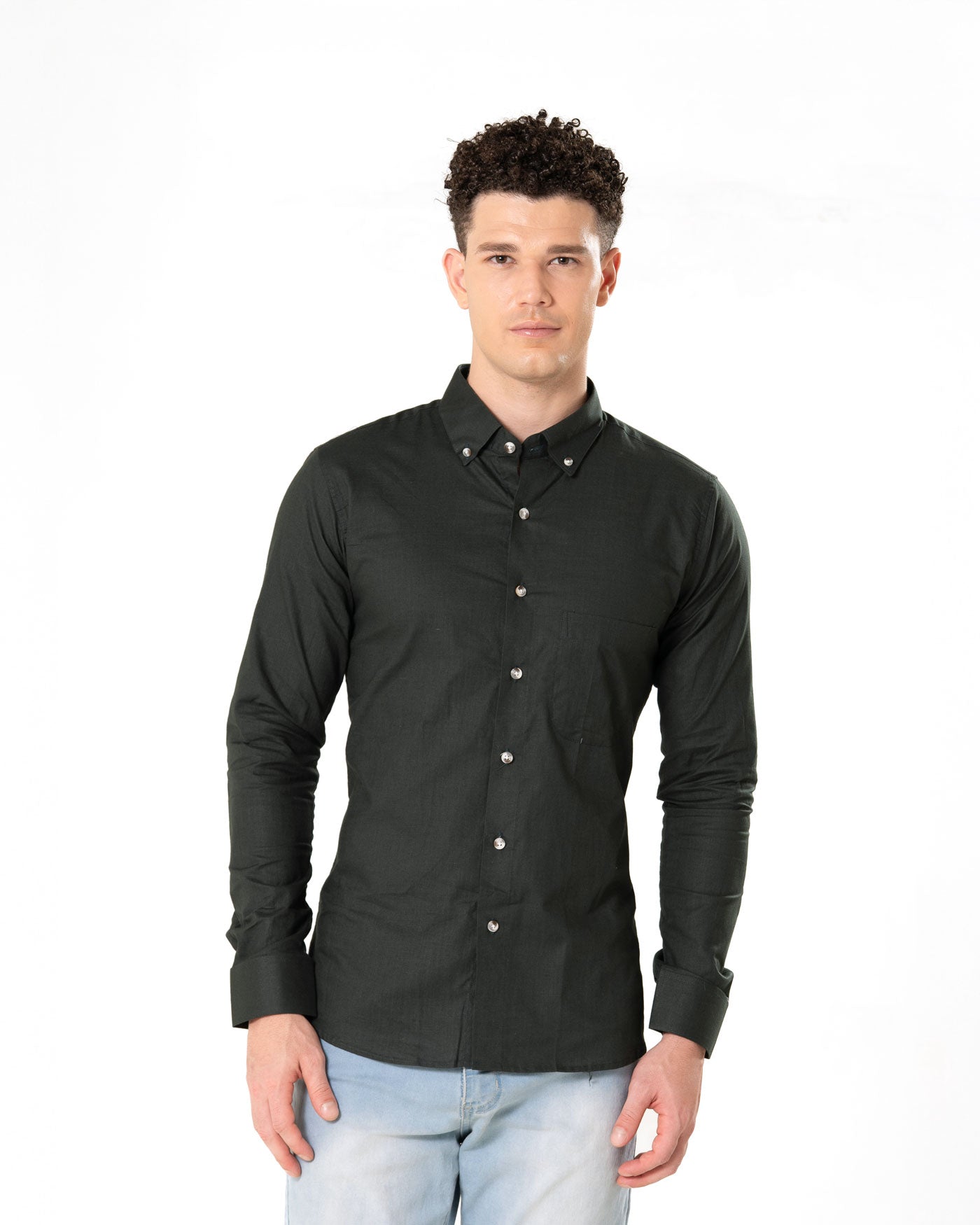 Poist Green Linen Plain Button Down Shirt- Bullane