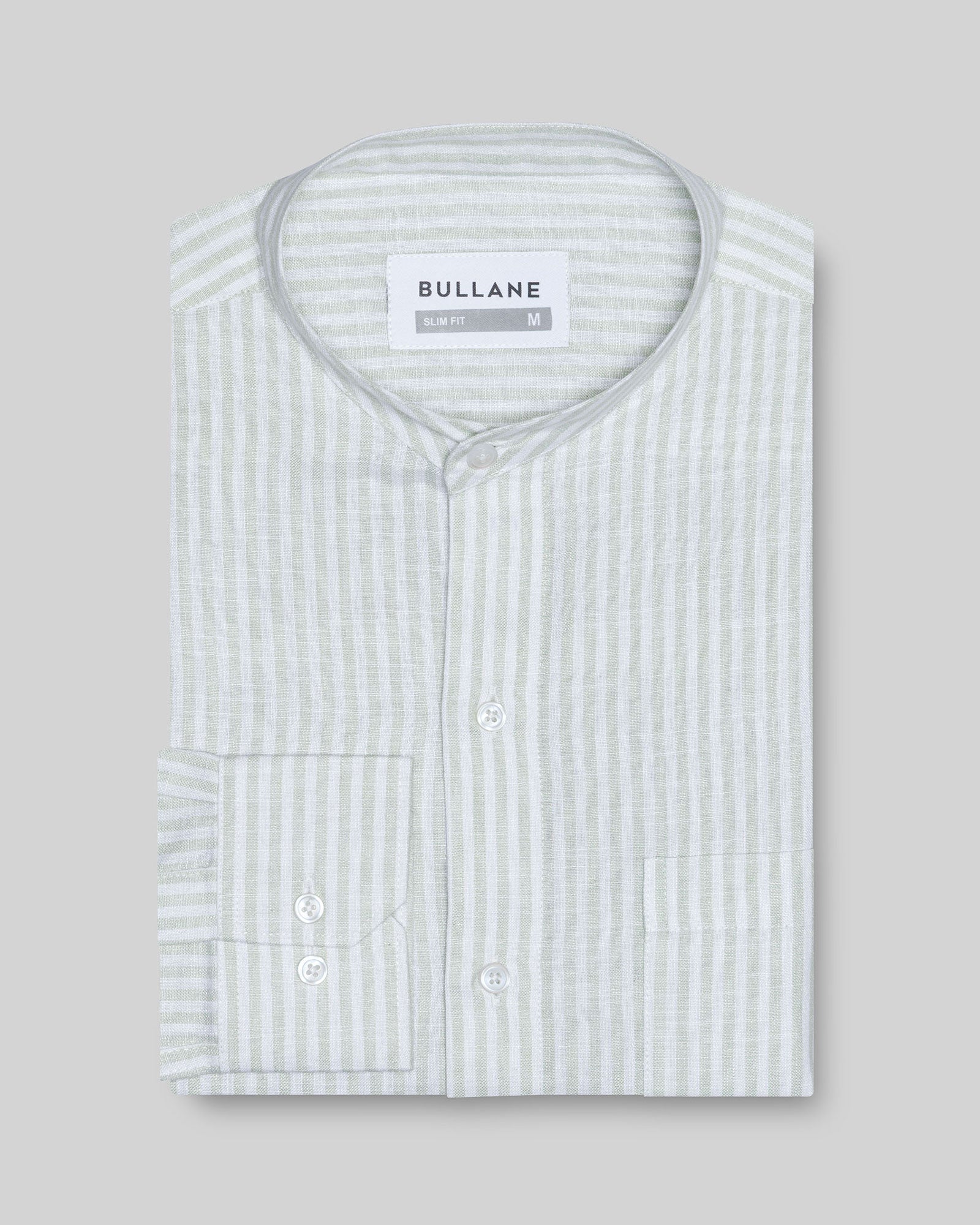 Siento Olive Linen Stripe Mandarin Shirt - Bullane