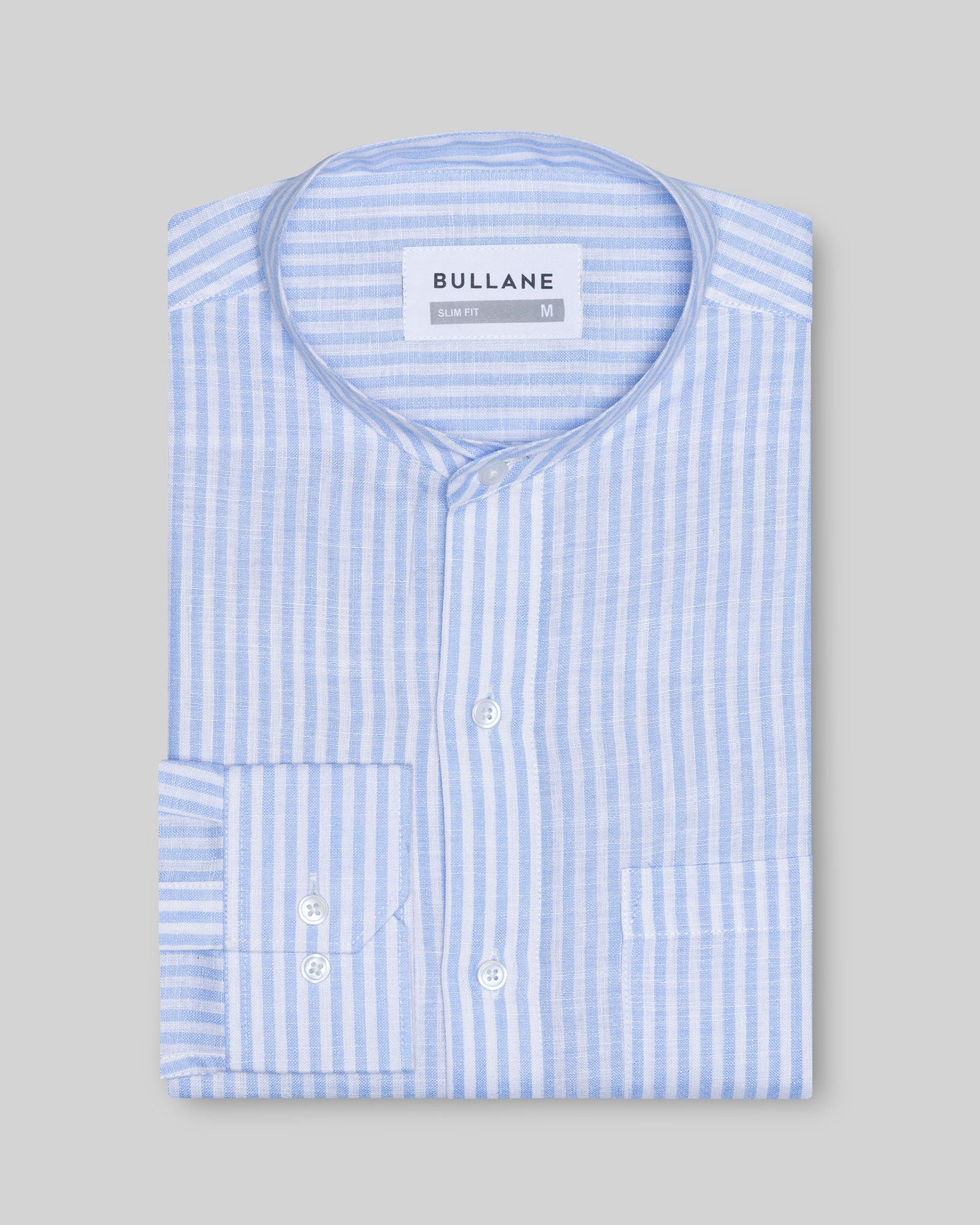 Siento Sky Blue Linen Stripe Mandarin Shirt - Bullane