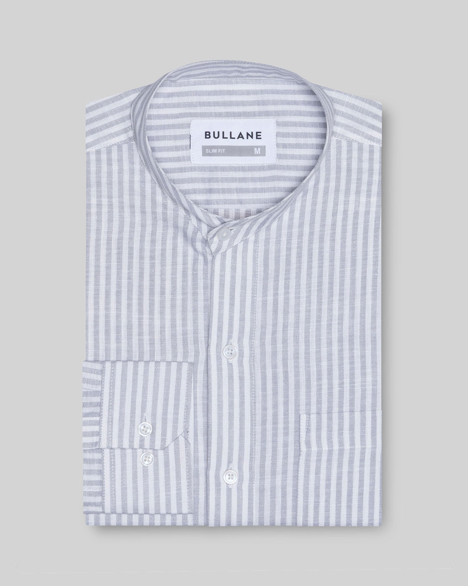 Siento Silver Linen Stripe Mandarin Shirt - Bullane
