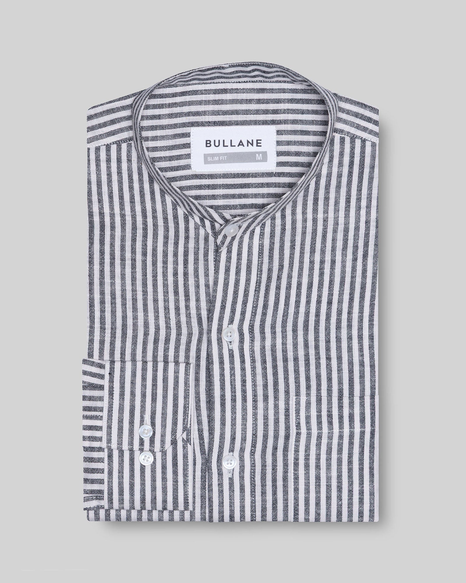 Siento Black Linen Stripe Mandarin Shirt - Bullane