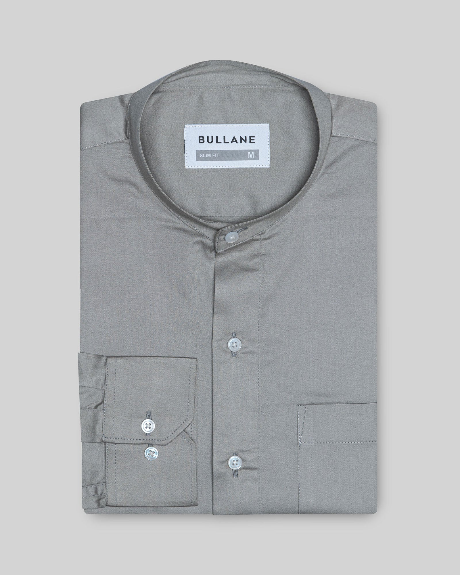 Luce Ash Grey Cotton Plain Mandarin Shirt - Bullane