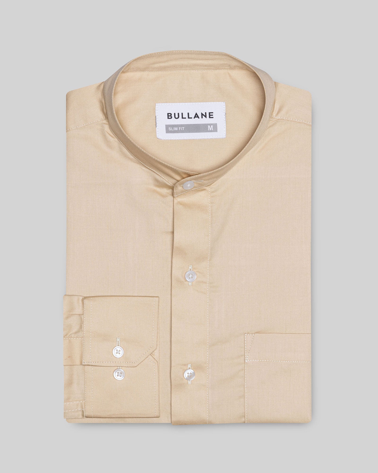 Luce Beige Cotton Plain Mandarin Shirt - Bullane