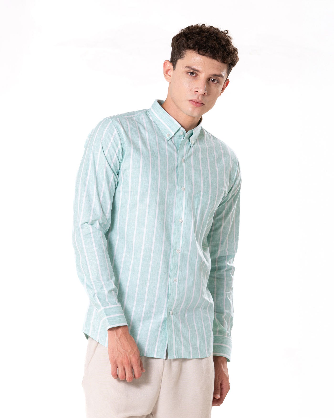 Brex Green Linen Stripe Button Down Shirt - Bullane