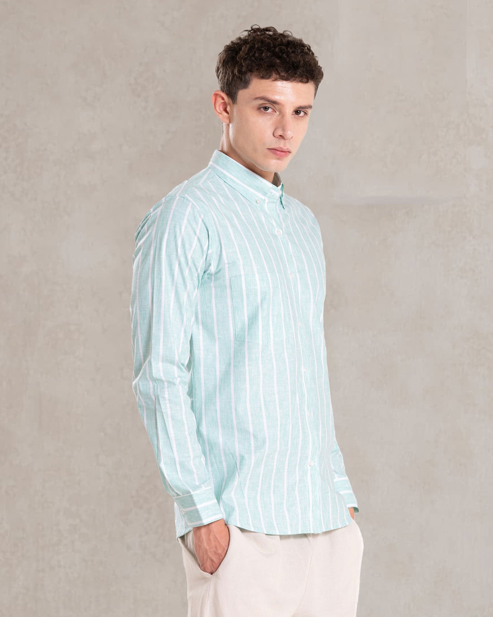 Brex Green Linen Stripe Button Down Shirt