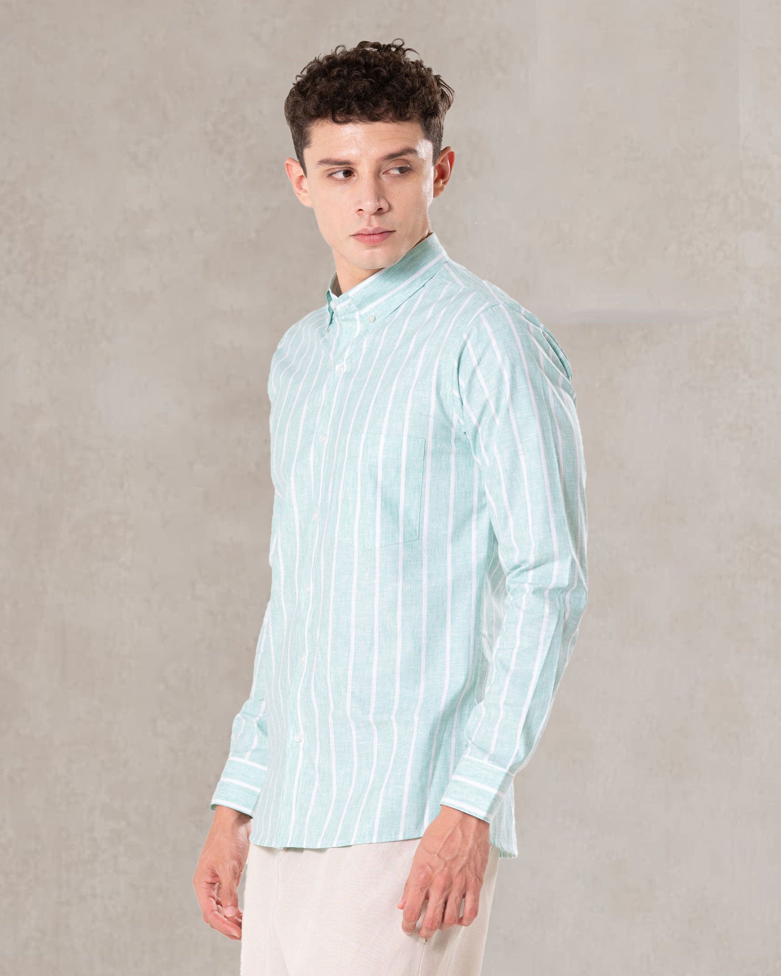 Brex Green Linen Stripe Button Down Shirt