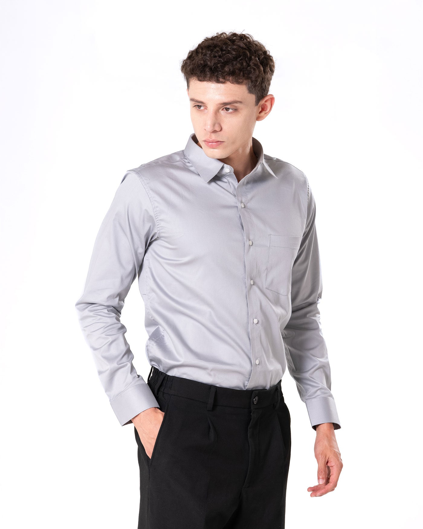 Benedict Silver Cotton Plain Shirt- Bullane