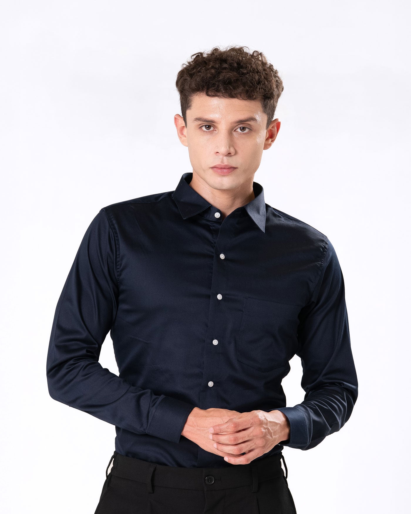 Benedict Navy Blue Cotton Plain Shirt- Bullane