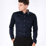 Benedict Navy Blue Cotton Plain Shirt- Bullane