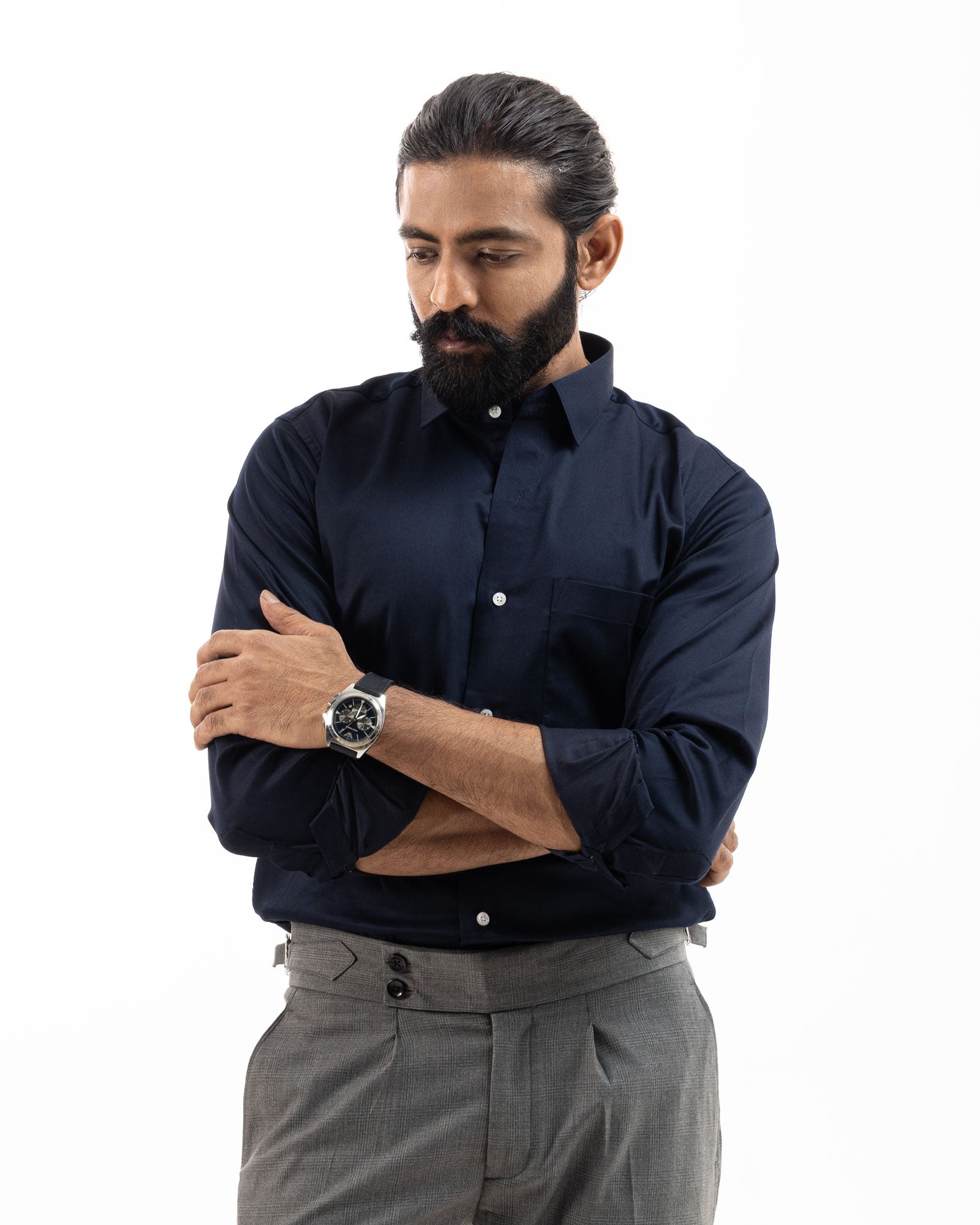 Benedict Navy Blue Cotton Plain Shirt