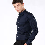 Benedict Navy Blue Cotton Plain Shirt- Bullane