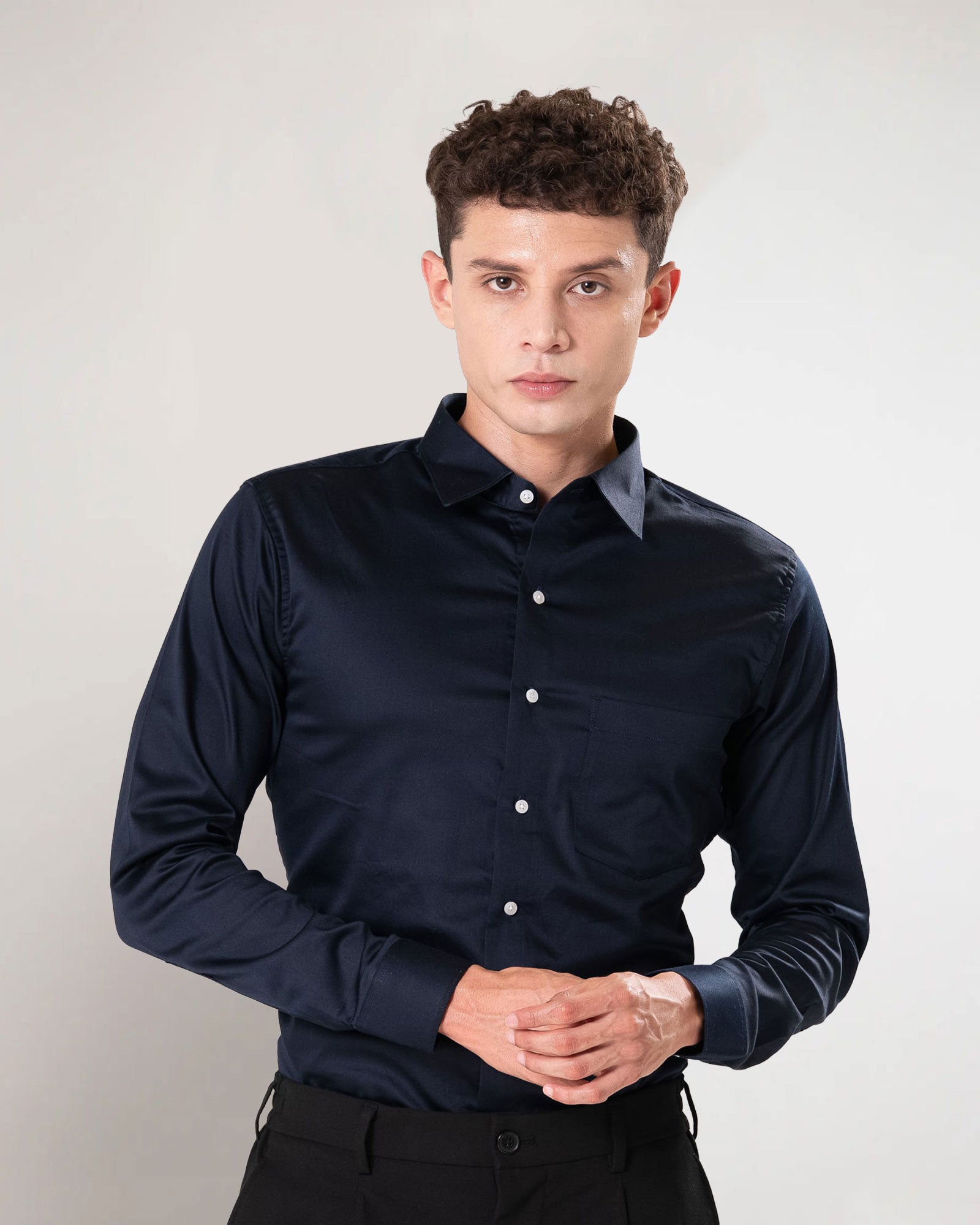 Benedict Navy Blue Cotton Plain Shirt