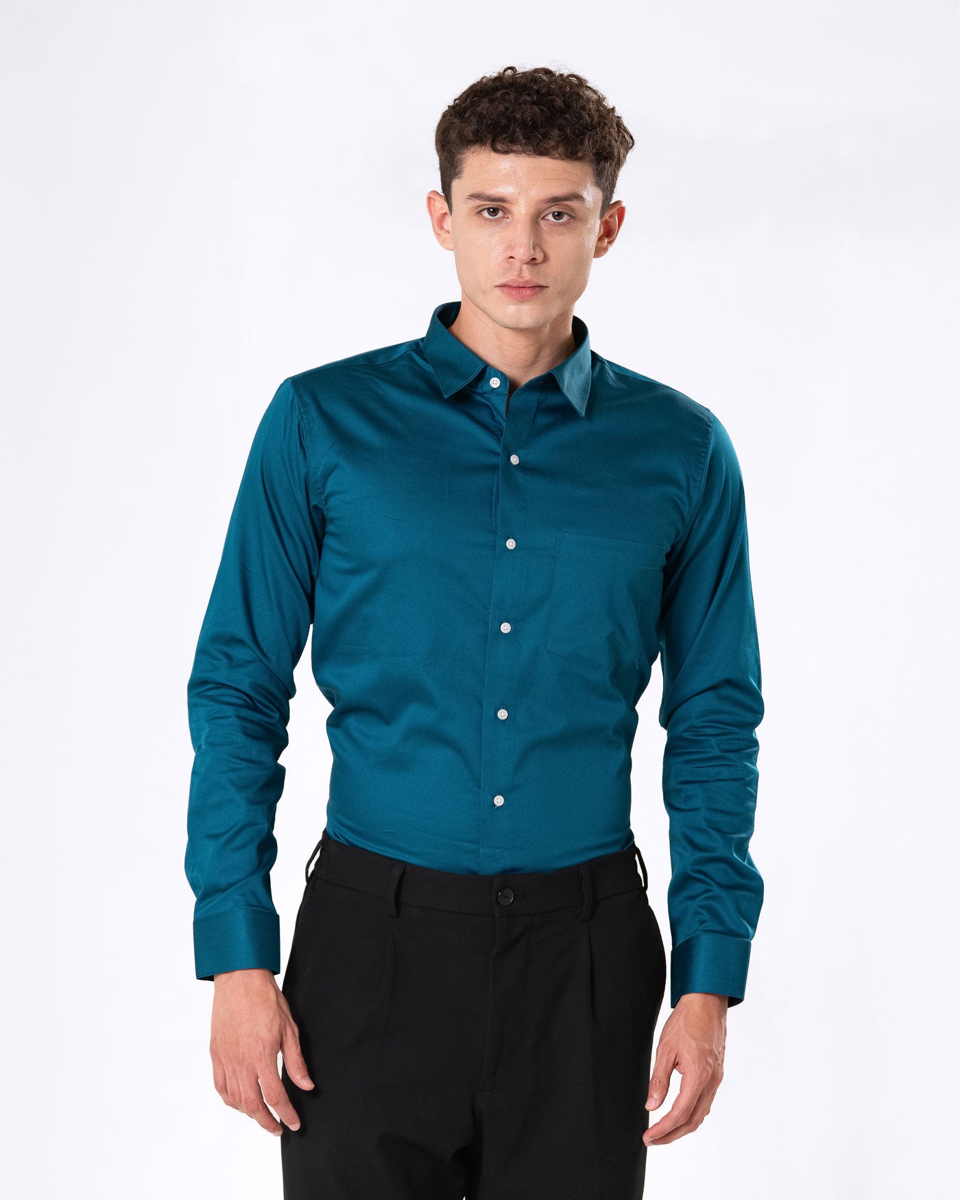 Benedict Teal Cotton Plain Shirt- Bullane