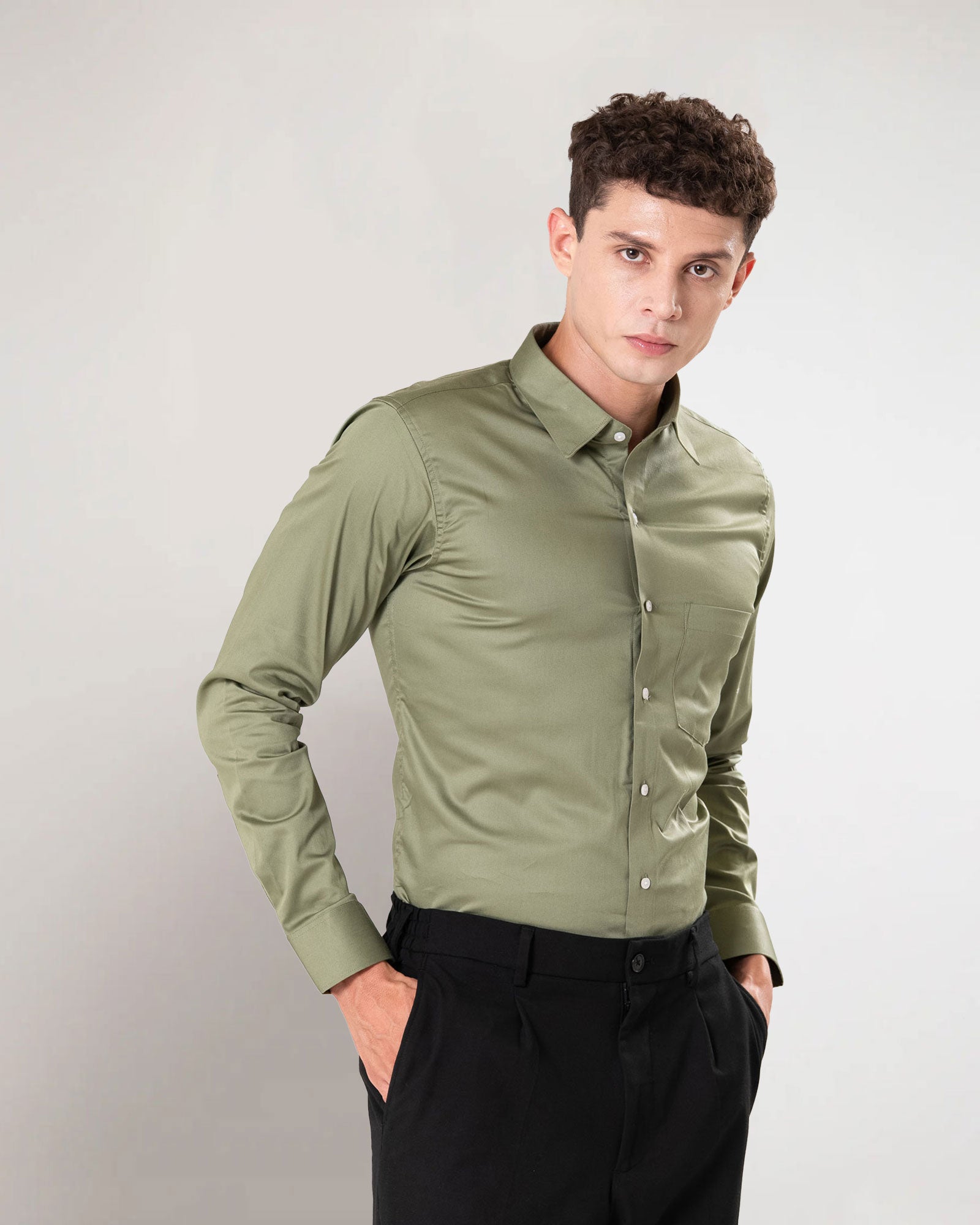 Benedict Olive Cotton Plain Shirt