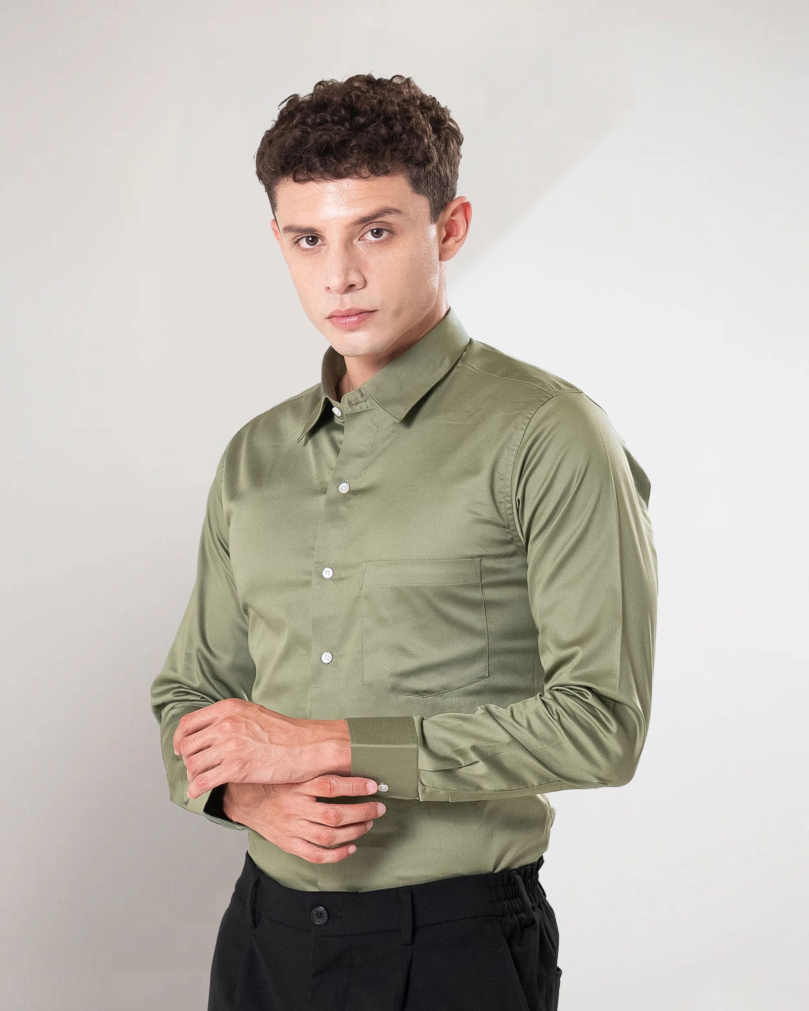 Benedict Olive Cotton Plain Shirt