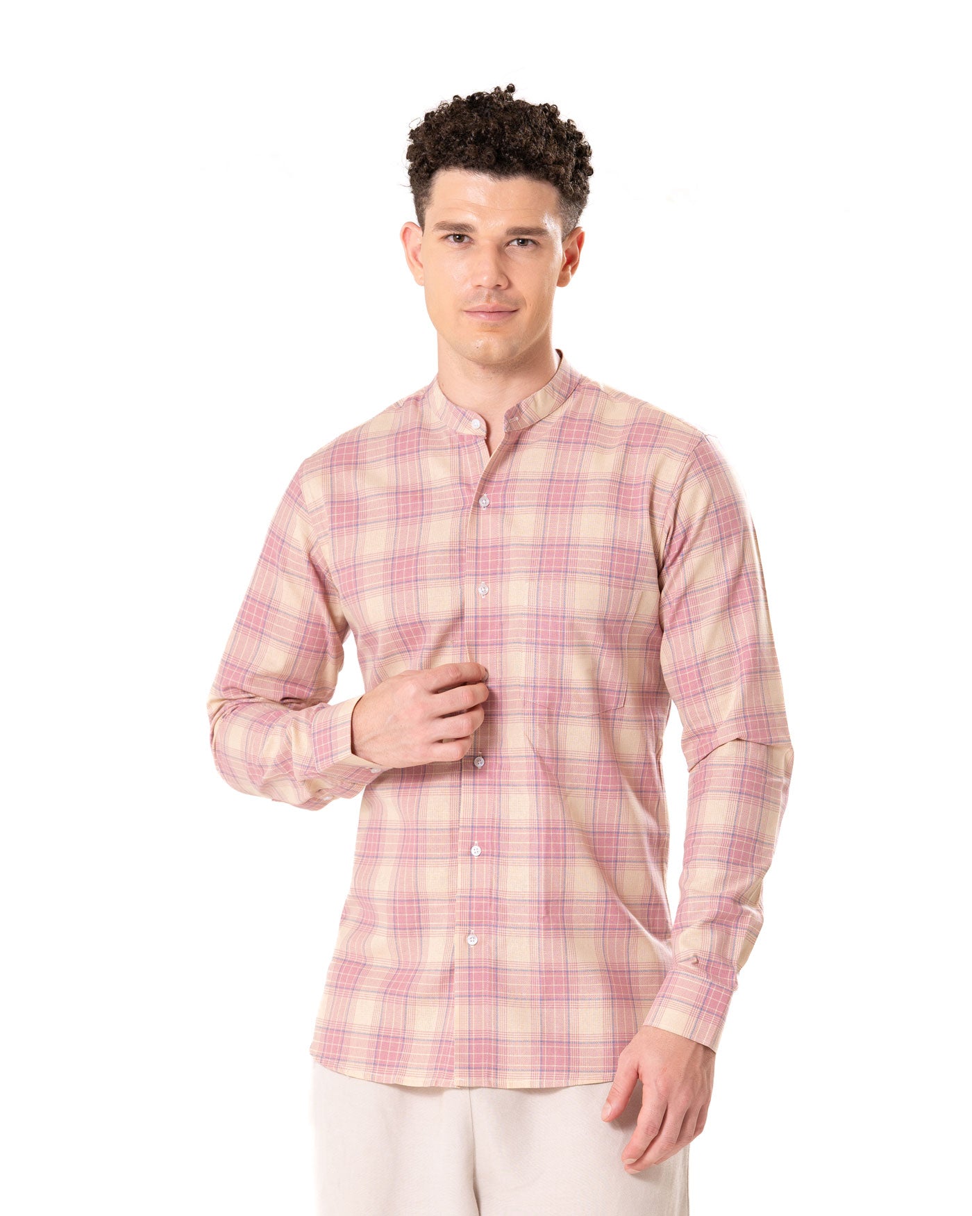 Clarion Orange Cotton Checks Mandarin Shirt - Bullane