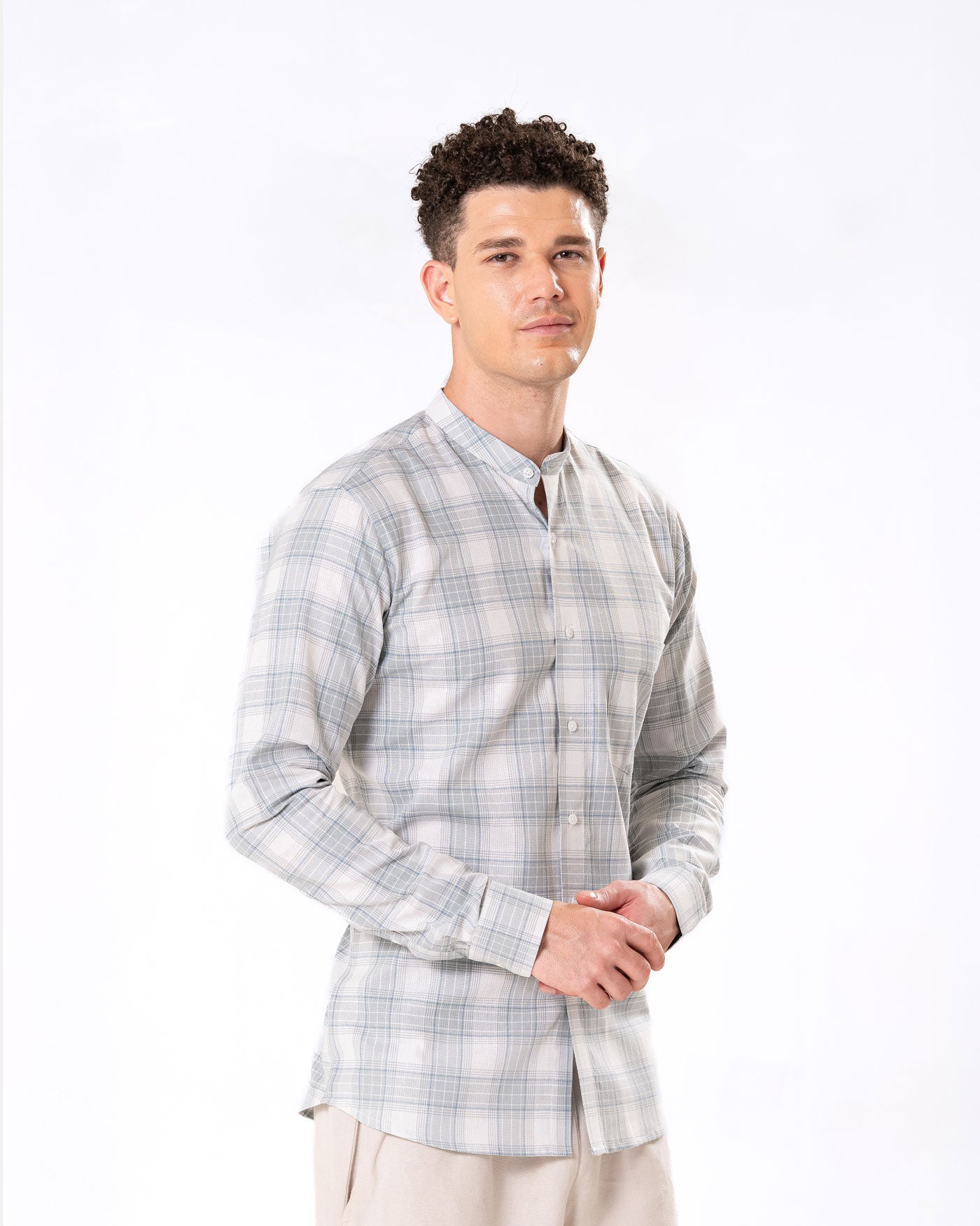 Clarion Silver Cotton Checks Mandarin Shirt - Bullane
