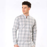 Clarion Silver Cotton Checks Mandarin Shirt - Bullane