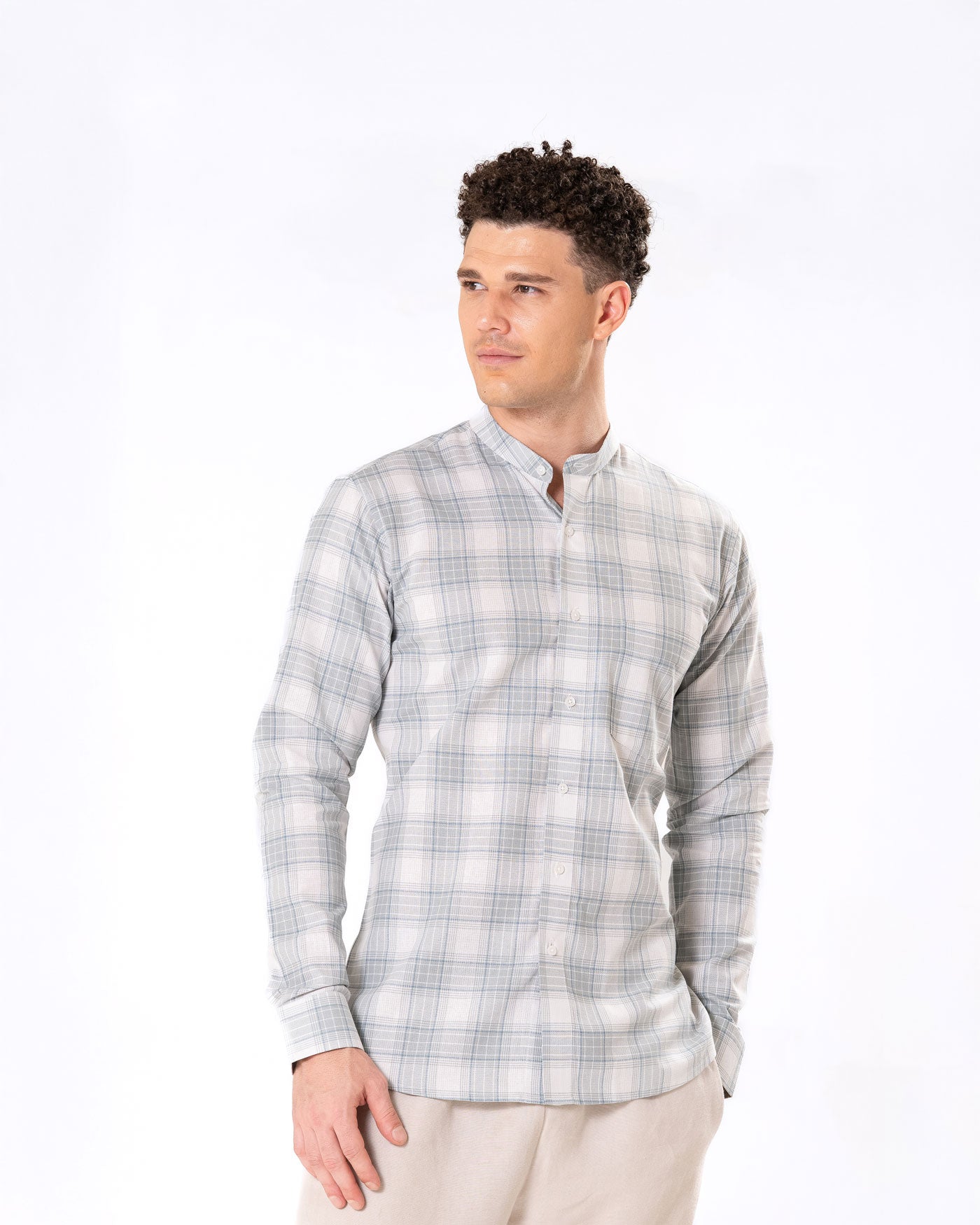 Clarion Silver Cotton Checks Mandarin Shirt - Bullane
