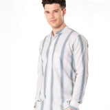 Clarion Green Cotton Stripe Mandarin Shirt - Bullane