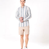 Clarion Green Cotton Stripe Mandarin Shirt - Bullane