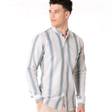 Clarion Green Cotton Stripe Mandarin Shirt - Bullane