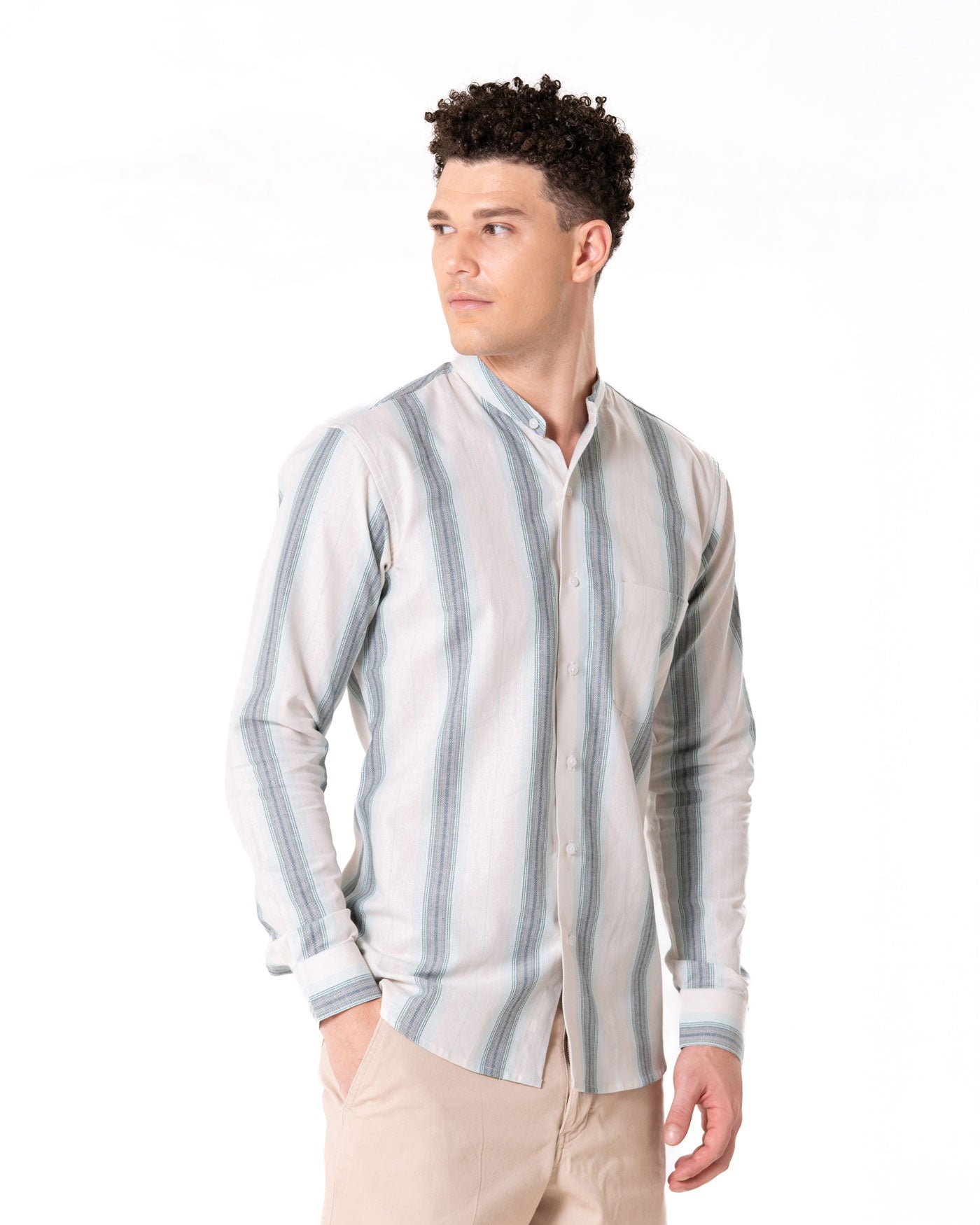 Clarion Green Cotton Stripe Mandarin Shirt - Bullane